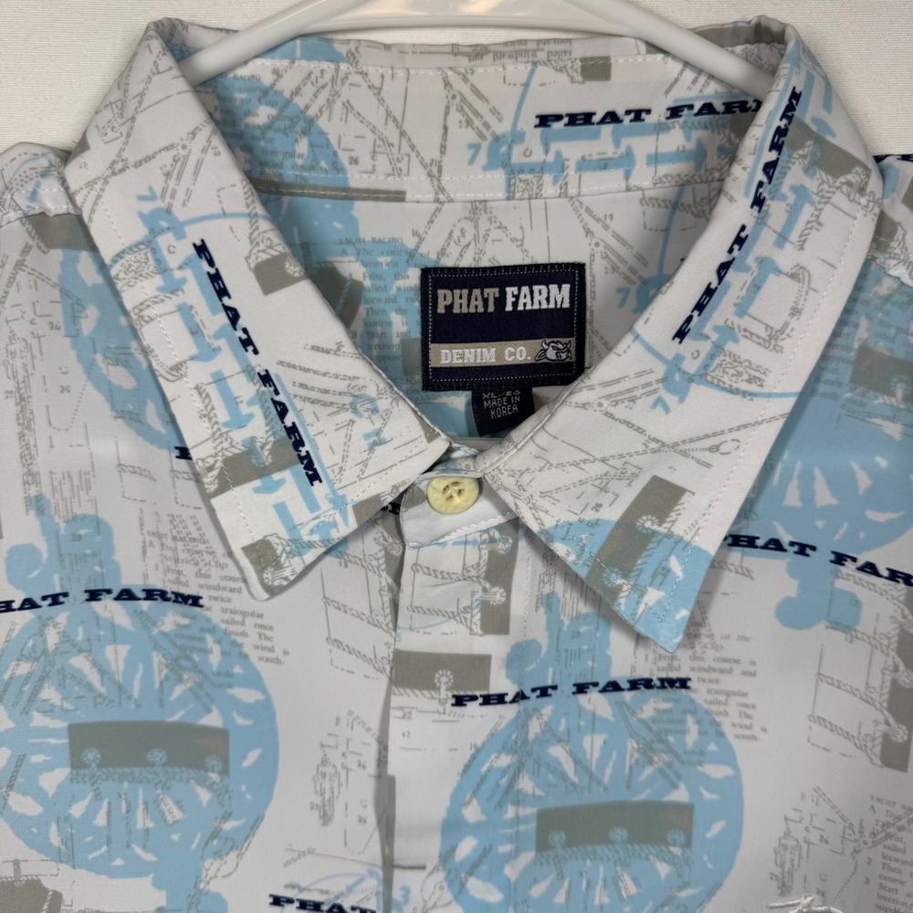 Phat Farm Denim Co. XL/EG White Blue Graphic‎ Nautical Long Sleeve Shirt Y2K